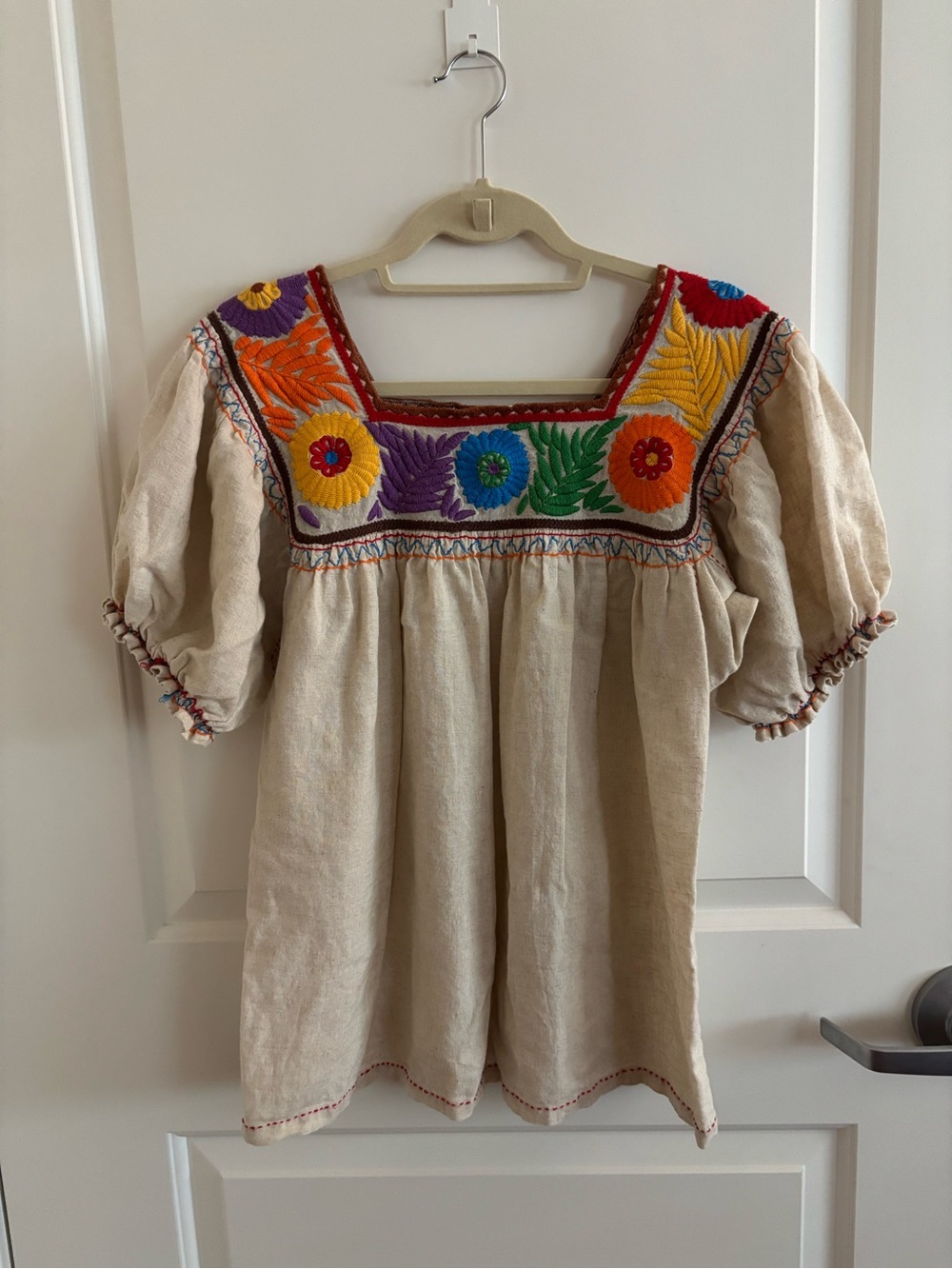 Sister Mary Embroidered Mexican Peasant Blouse - Natural with Bright Floral Yoke
